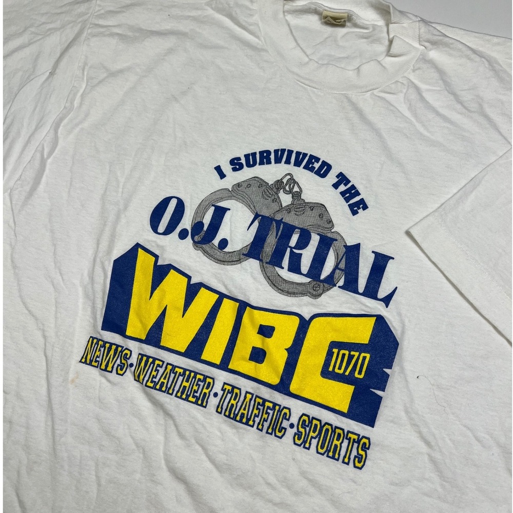 80s Screen Stars OJ Trial T-Shirt XL Vintage WIBC 1070 Radio White Graphic